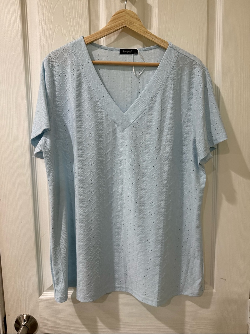 SAMOON Pale Blue V-Neck Short Sleeve Eyelet Top